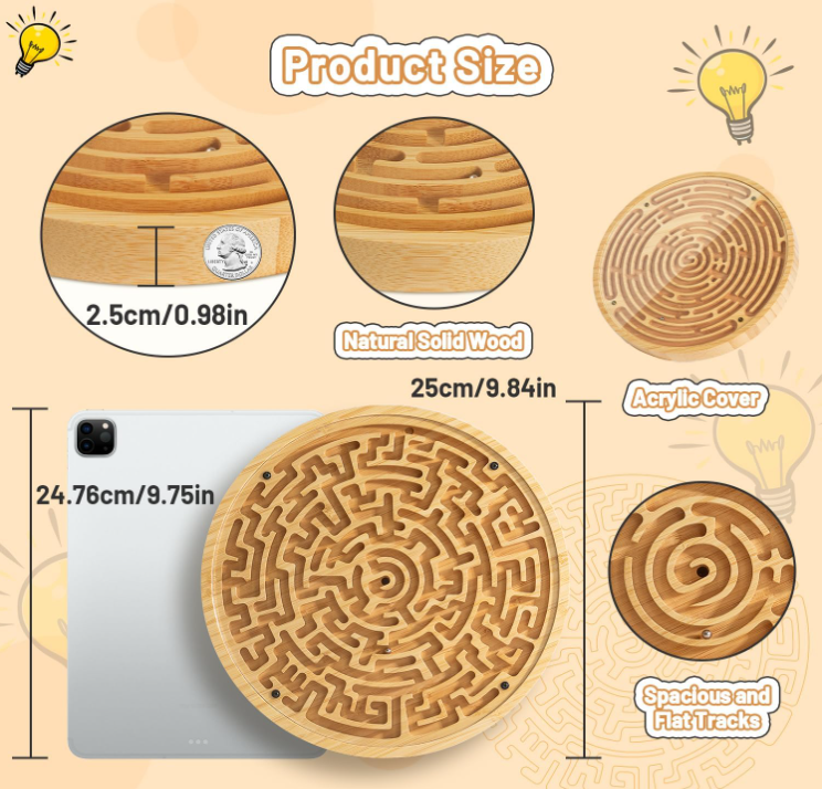 Round Wooden Labyrinth Board, Balance Maze Game All Ages