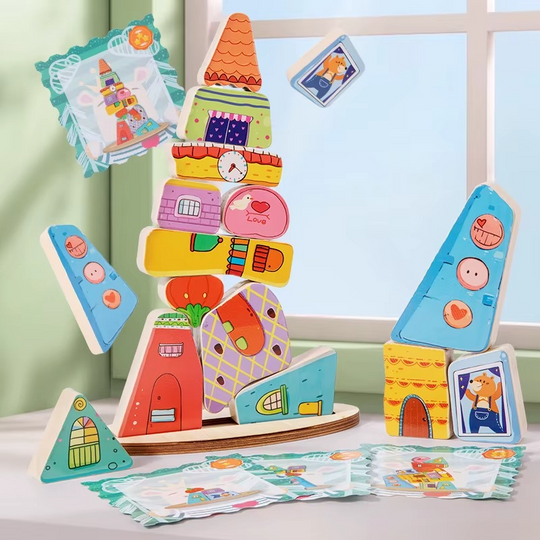 Montessori Wooden Stacking Toy,Colorful Houses Building Blocks Game 14 Pcs Montessori Balance Sorting & Stacking