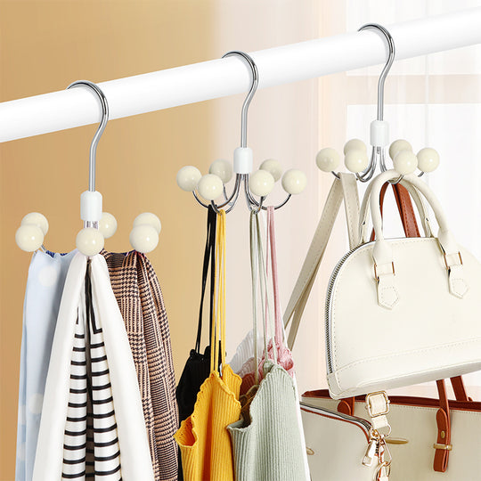 Hoodie Hangers with 6 Wood Balls | 360° Swivel Purse Hanger, Scarf & Handbag Organizer Closet Hooks (MMOQ 10 Sets)
