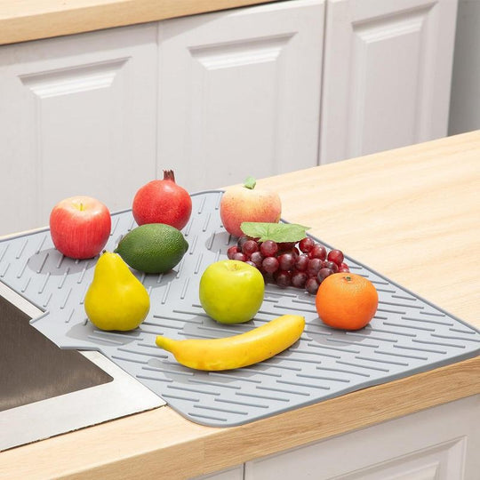 Silicone Dish Drying Mat with Built-In Drain Spout – Heat-Resistant Non-Slip Roll-Up Sink Drain Pad for Kitchen Counter (MOQ 10 Sets)