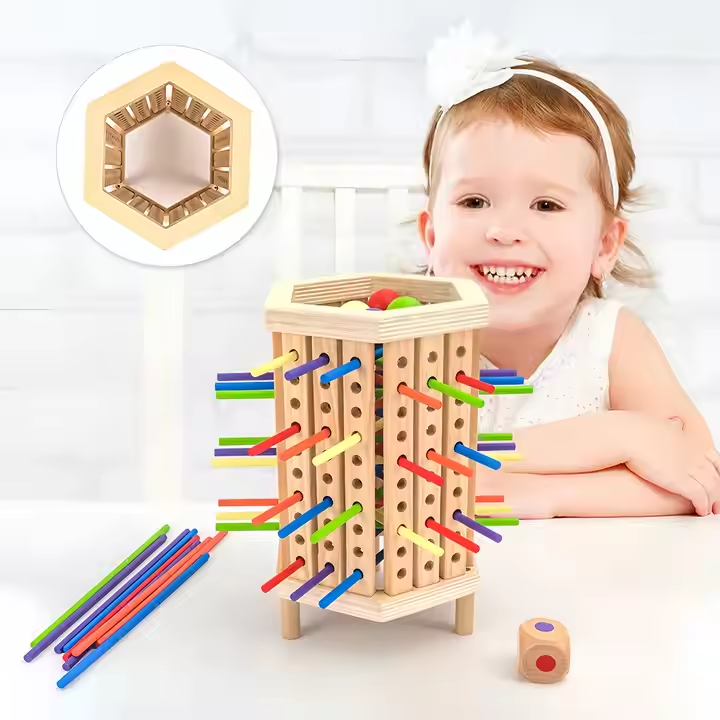 Montessori Game with Colorful Wooden Sticks Tower Dice Ball Wooden Board Games Fine Motor Skills