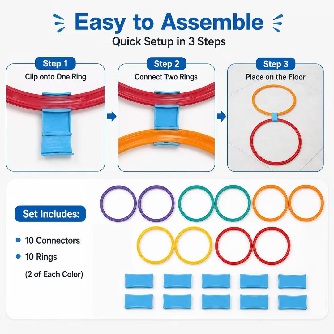 Hopscotch Ring Set, Colorful Agility Hoops with Snap Connectors