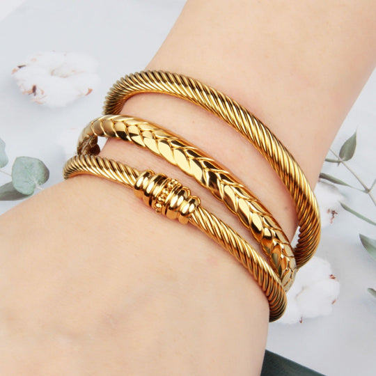 Bohemian style 18K gold braided steel wire open ended bracelet(Bulk 3 Sets)