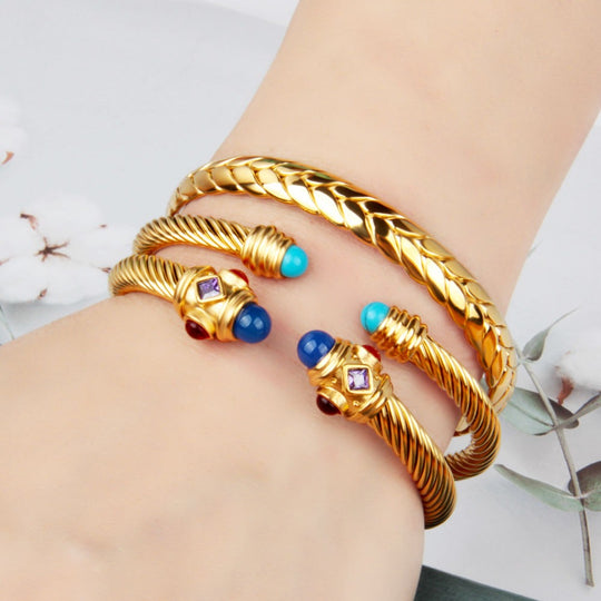 Bohemian style 18K gold braided steel wire open ended bracelet(Bulk 3 Sets)