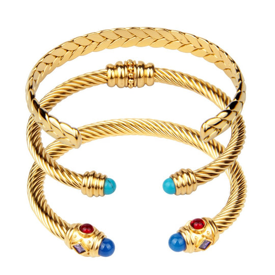 Bohemian style 18K gold braided steel wire open ended bracelet