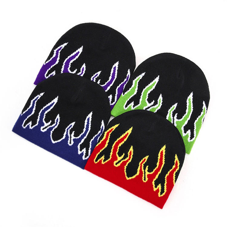 Street Dance Cap Skull Beanie Flames Knitted Hat(Bulk 3 Sets)