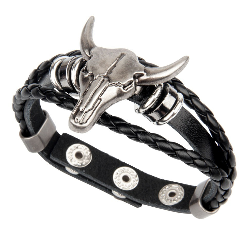 Perfect Classy and Trendy rock look bull head braided leather bracelet ad-ons on Shows