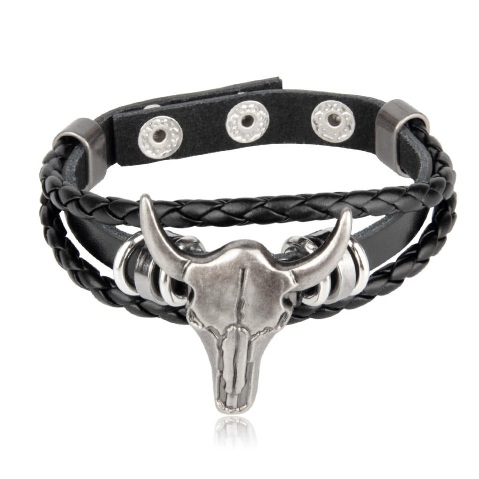 Perfect Classy and Trendy rock look bull head braided leather bracelet ad-ons on Shows