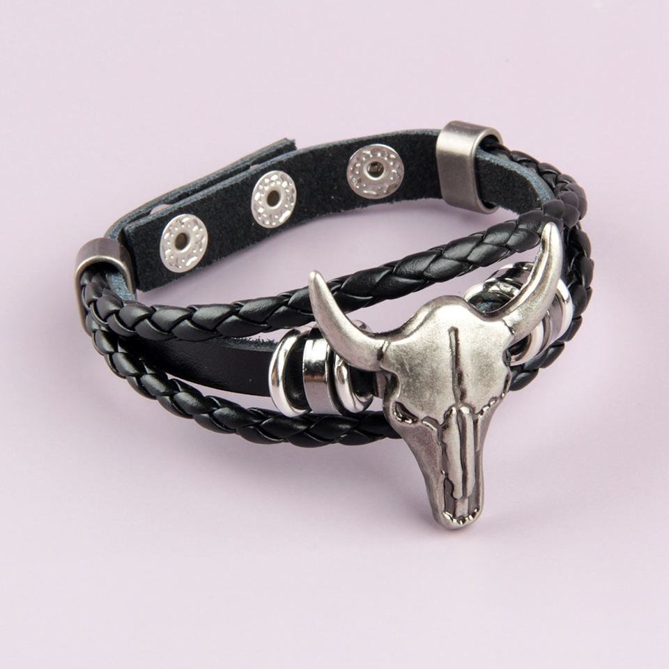 Perfect Classy and Trendy rock look bull head braided leather bracelet ad-ons on Shows