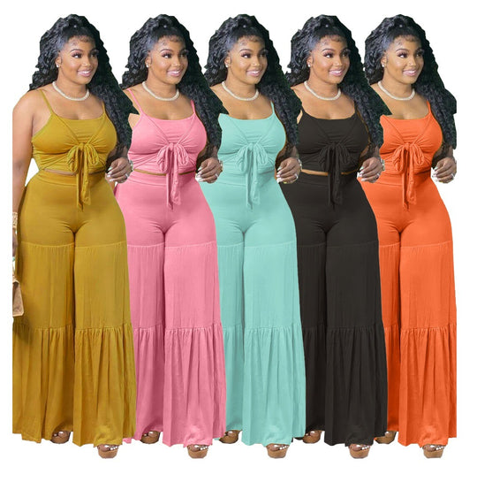 Trendy casual plus size women clothes clothing summer tank top and flare pants two 2 piece set fat lady outfit