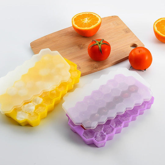 BPA Free Silicone Honey Comb Ice Cube Tray Leak Proof Whiskey Juice 37 Grid Ice Cube Trays with Lid(Bulk 3 Sets)