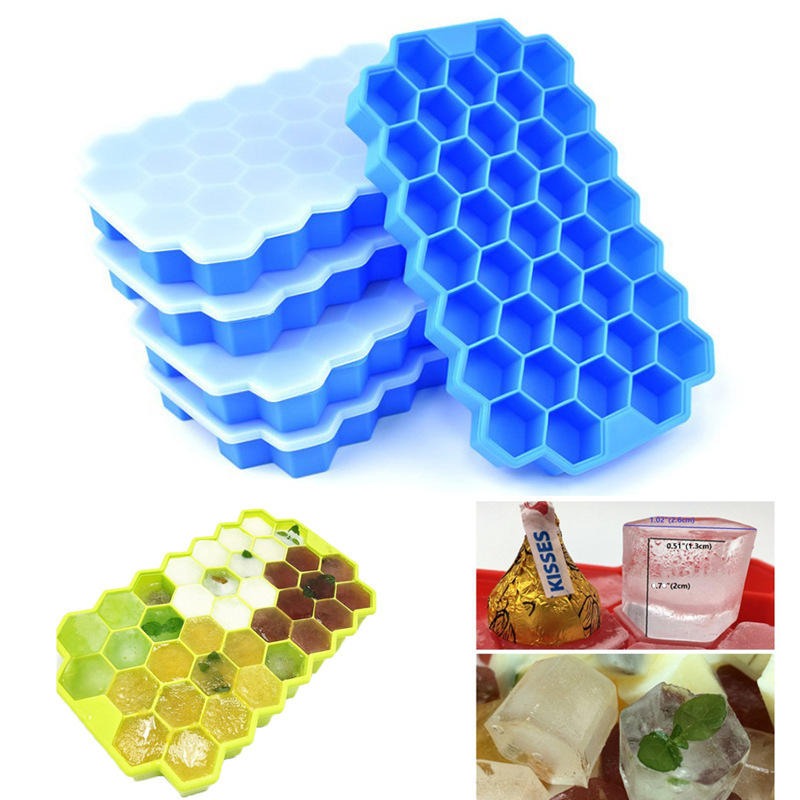 BPA Free Silicone Honey Comb Ice Cube Tray Leak Proof Whiskey Juice 37 Grid Ice Cube Trays with Lid