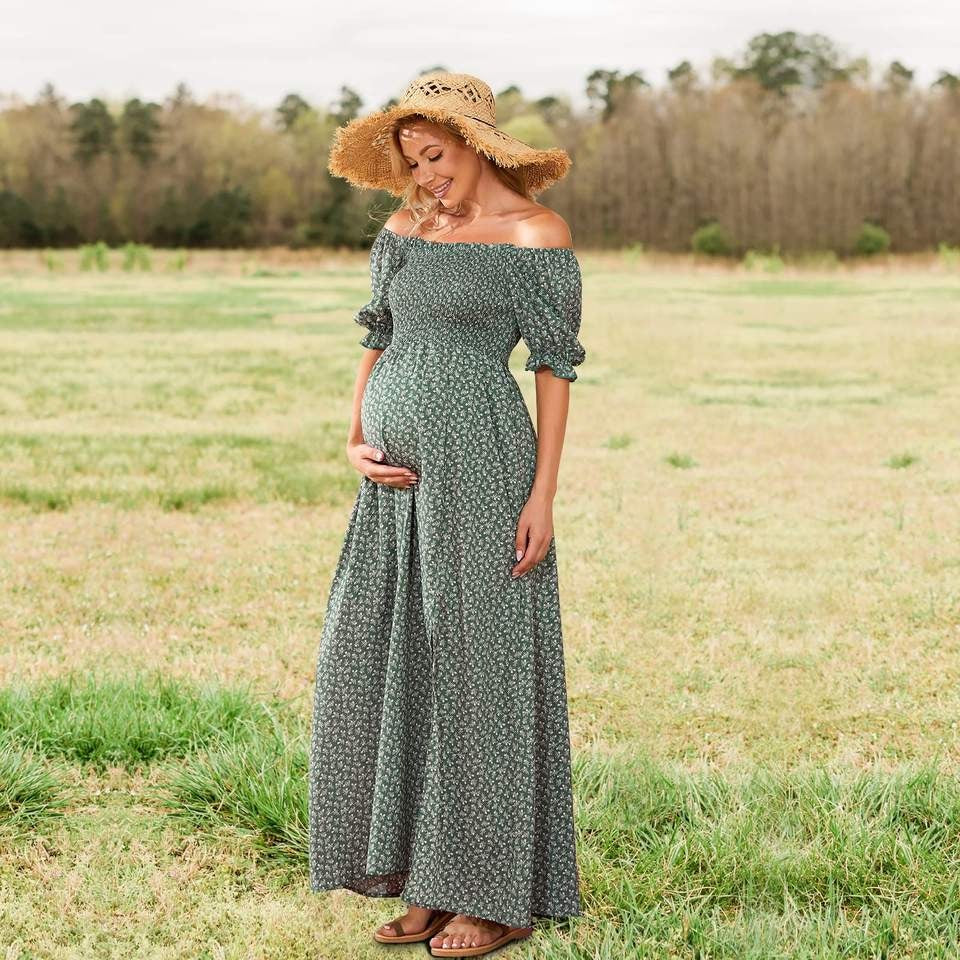 Off Shoulder Maternity Maxi Long Dress Baby Shower Photoshoot Side Split Party Dress(Bulk 3 Sets)