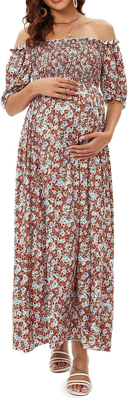 Off Shoulder Maternity Maxi Long Dress Baby Shower Photoshoot Side Split Party Dress(10 Pack)