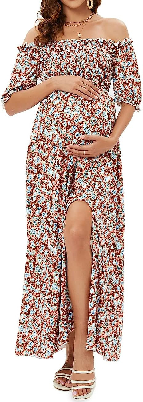 Off Shoulder Maternity Maxi Long Dress Baby Shower Photoshoot Side Split Party Dress(10 Pack)