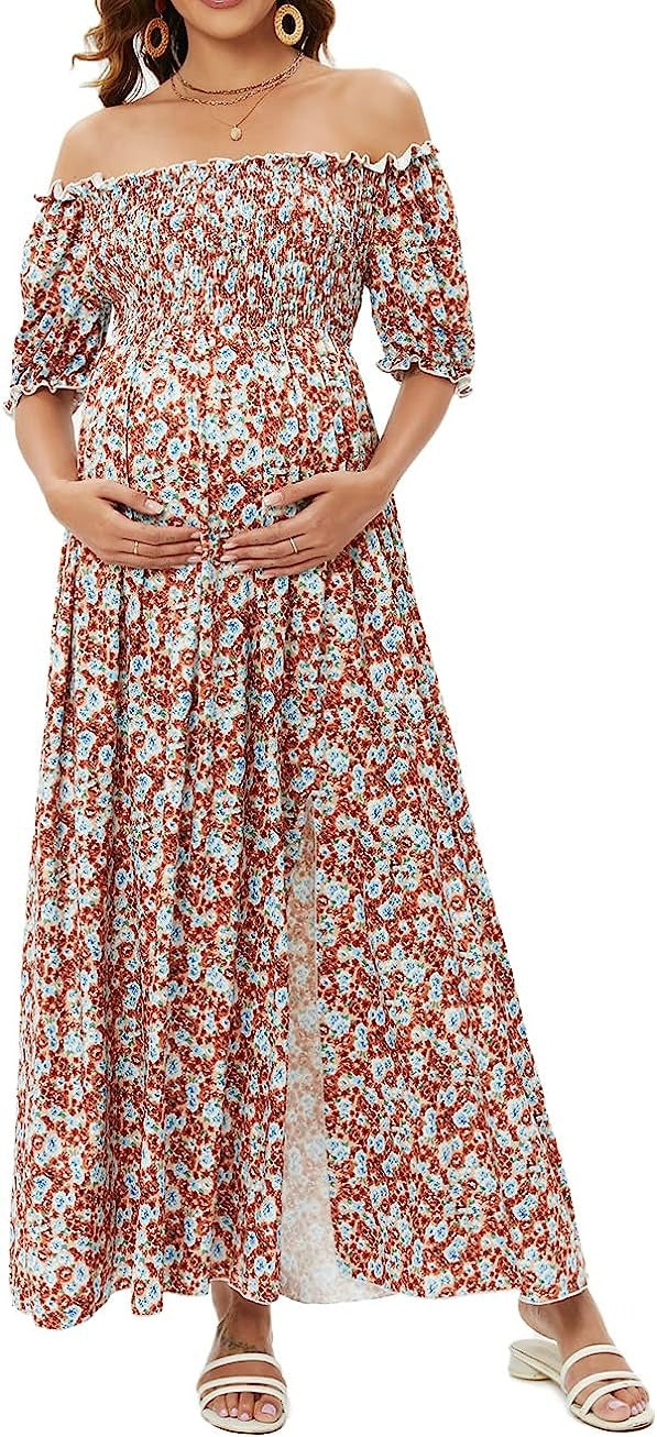 Off Shoulder Maternity Maxi Long Dress Baby Shower Photoshoot Side Split Party Dress(10 Pack)