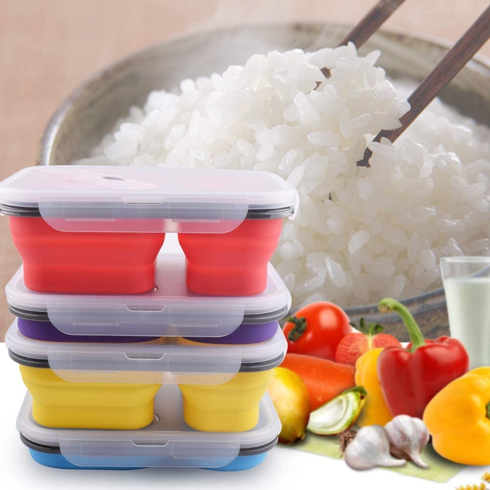 Two Compartments and Utensil Food Fridge Storage Box Food Grade Containers Collapsible Lunch Box- Silicone Food Storage Box