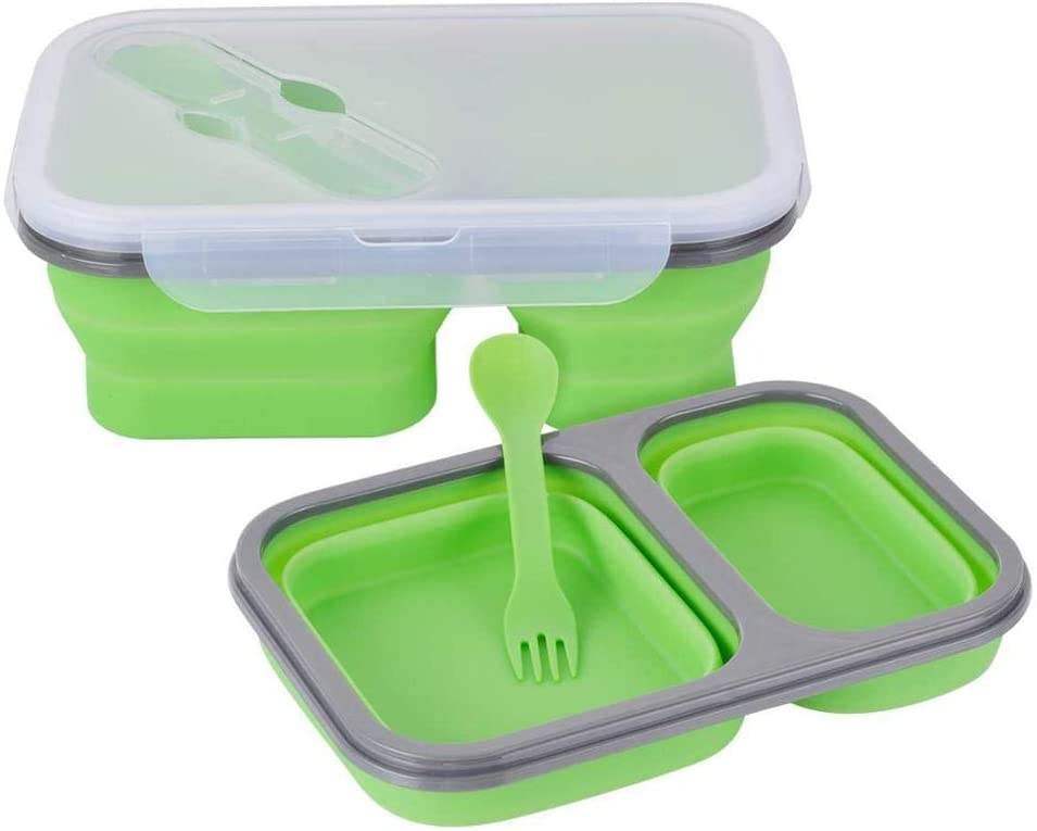 Two Compartments and Utensil Food Fridge Storage Box Food Grade Containers Collapsible Lunch Box- Silicone Food Storage Box(Bulk 3 Sets)