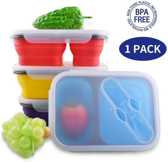 Two Compartments and Utensil Food Fridge Storage Box Food Grade Containers Collapsible Lunch Box- Silicone Food Storage Box