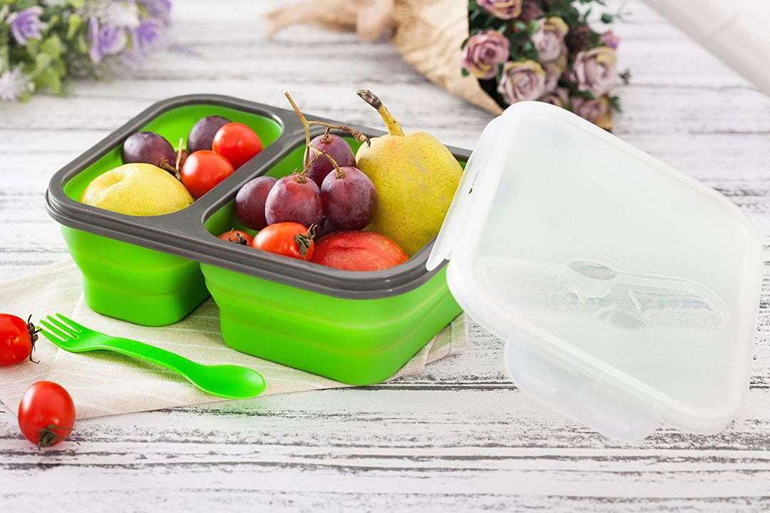 Two Compartments and Utensil Food Fridge Storage Box Food Grade Containers Collapsible Lunch Box- Silicone Food Storage Box