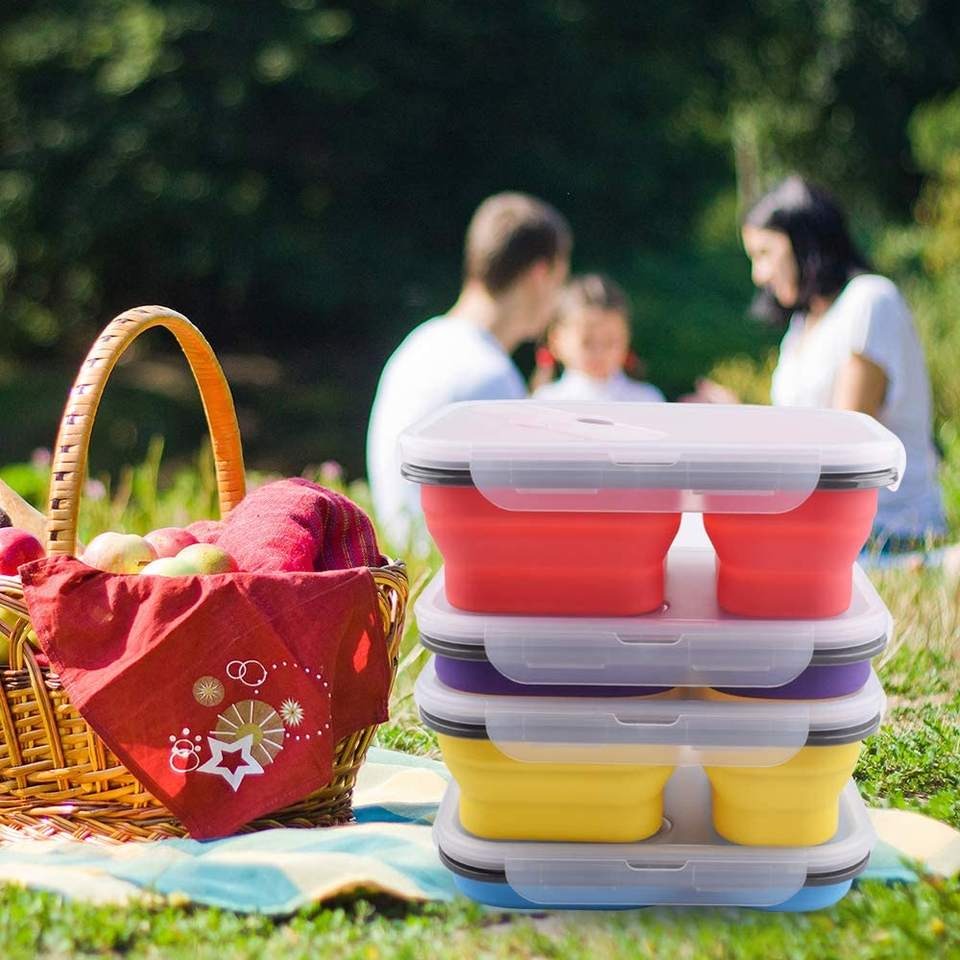 Two Compartments and Utensil Food Fridge Storage Box Food Grade Containers Collapsible Lunch Box- Silicone Food Storage Box