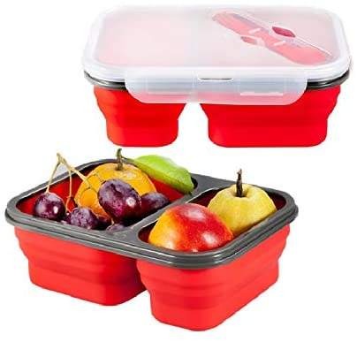 Two Compartments and Utensil Food Fridge Storage Box Food Grade Containers Collapsible Lunch Box- Silicone Food Storage Box