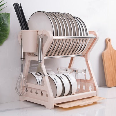 Double Layer Kitchen Dishes Storage Drain Rack Household Plastic Dishes Storage Holder Plate Bowl Spoon Rack