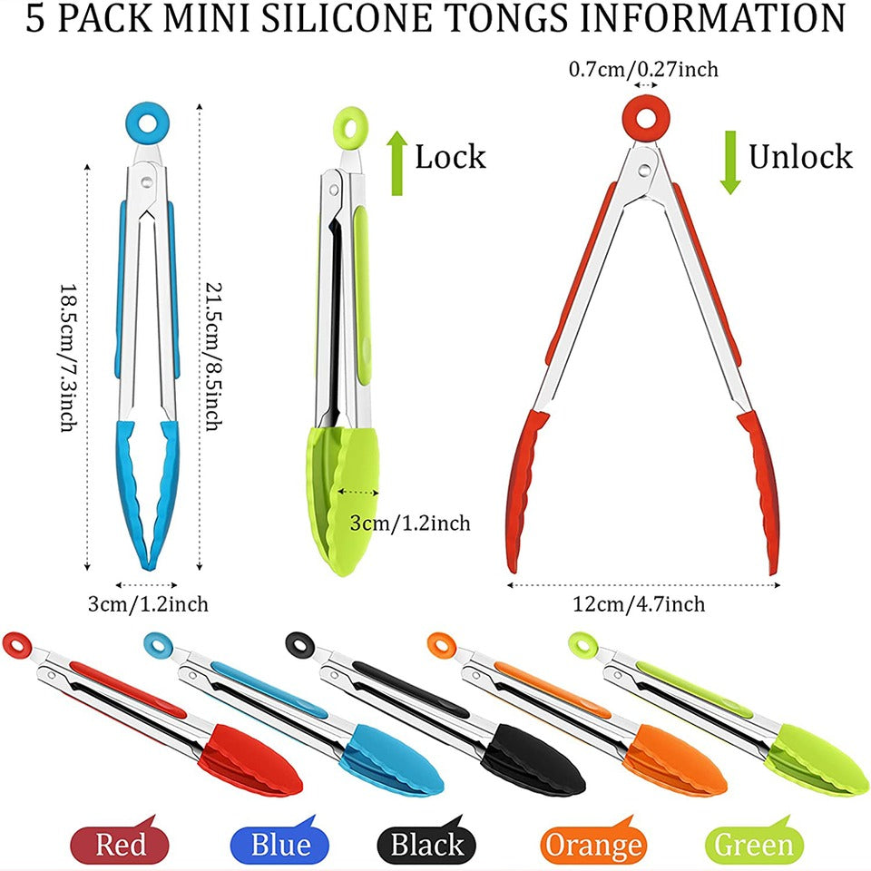 Stainless Steel 7 Inch  Silicone Party mini Tong Utensils for personal servings(7 tongs per pack)