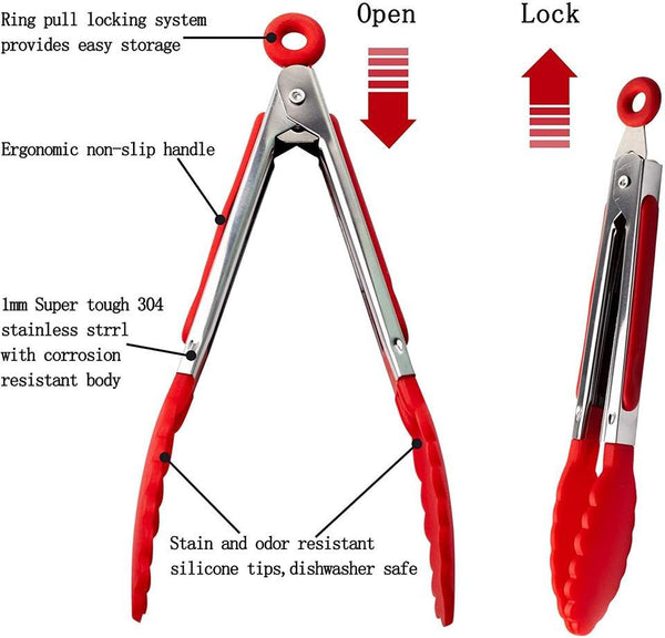 Choice 7 Silicone Tip Locking Tongs with Black Non-Slip Grip Handle