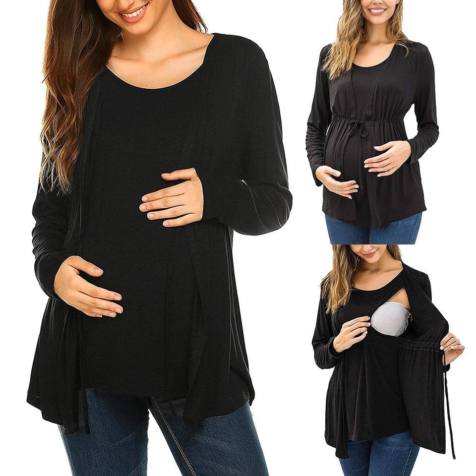 Long Sleeve T-shirt Elegant Double Layer For Breastfeeding Pregnancy Maternity Clothes For Mom(Bulk 3 Sets)