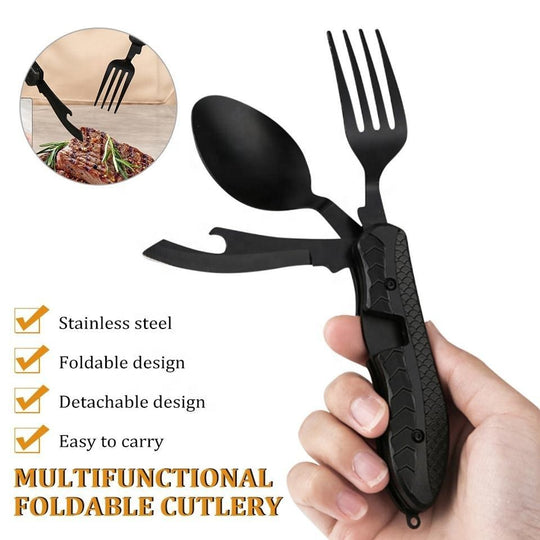 Steel Foldable Spoon Fork Knife Bottle Opener & Glass Coffee Mug Pack