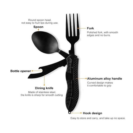 Multitool Outdoor Camping Utensils Portable 4 in 1 Stainless Steel Foldable Spoon Fork Knife Bottle Opener Cutlery Set(10 Pack)