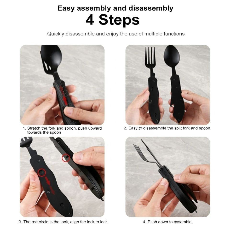 Multitool Outdoor Camping Utensils Portable 4 in 1 Stainless Steel Foldable Spoon Fork Knife Bottle Opener Cutlery Set(Bulk 3 Sets)