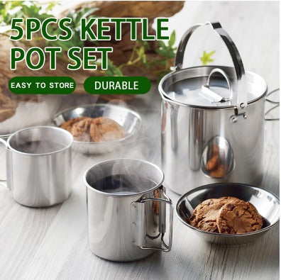 Perfect Camping 5 pcs set Stainless Steel Pot with Collapsible Handle and Lid