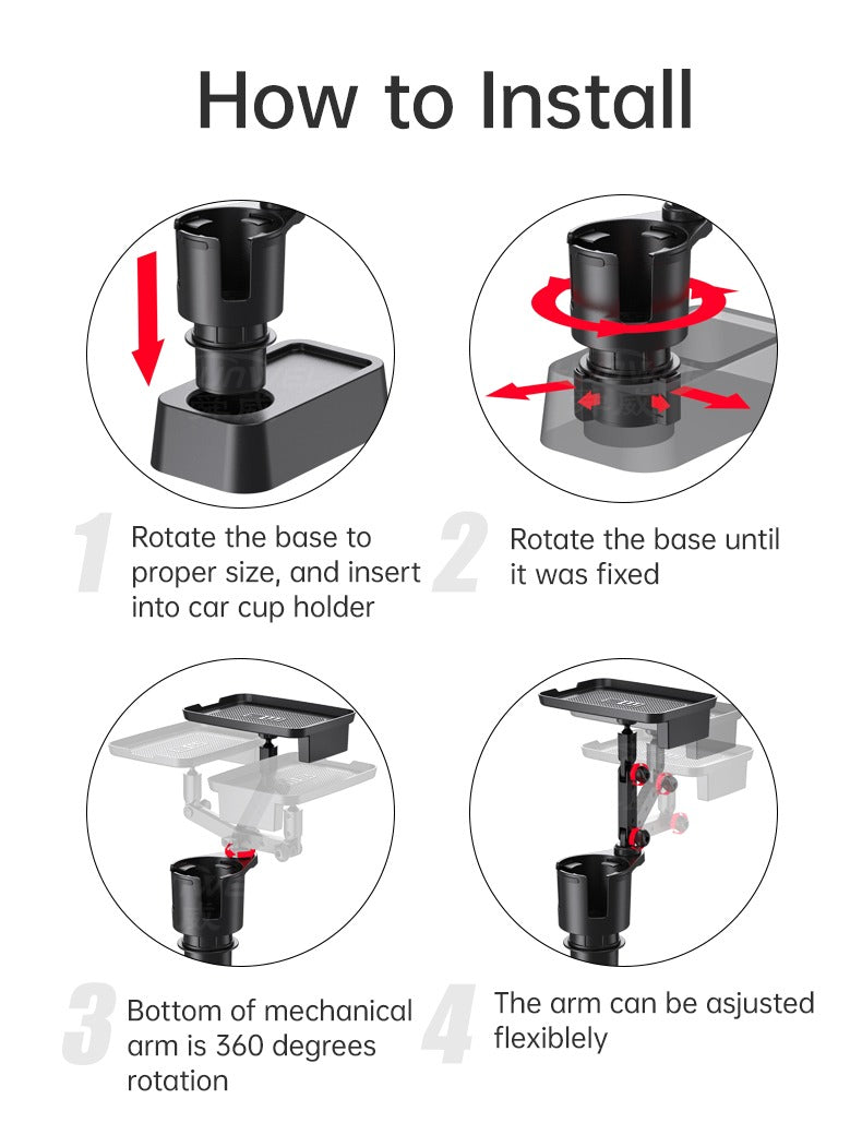 Car Cup Holder Expander with Tray 360°Rotating Table Adjustable Base