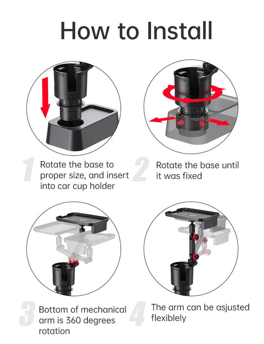 Car Cup Holder Expander with Tray 360°Rotating Table Adjustable Base