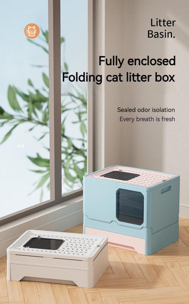 Foldable Cat Litter Box With Lid Kitty Toilet Top Entry Enclosed Cat Potty Anti/Splashing Covered Drawer Type Pet Litter Pan with Cats Litter Scoop(Bulk 3 Sets)