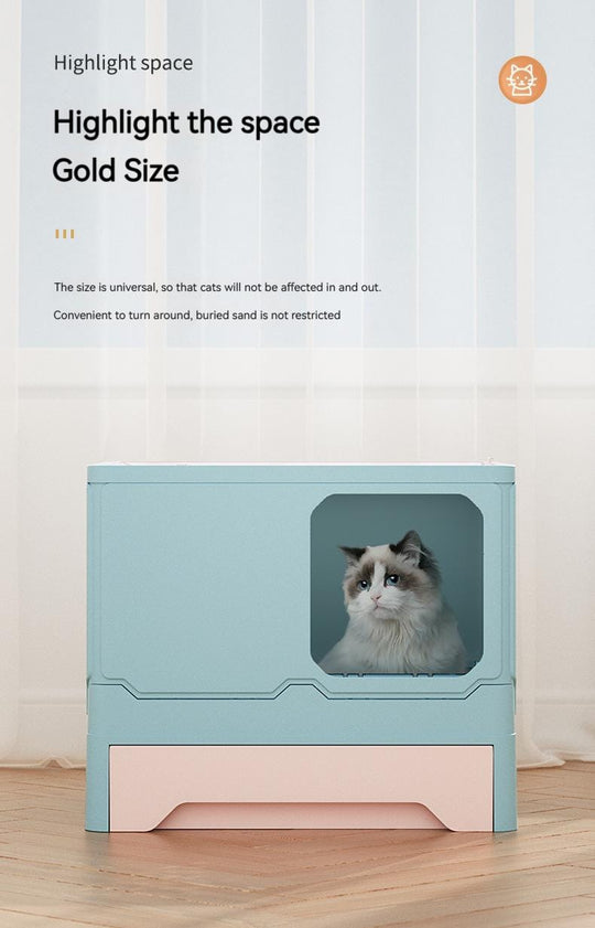 Foldable Cat Litter Box With Lid Kitty Toilet Top Entry Enclosed Cat Potty Anti/Splashing Covered Drawer Type Pet Litter Pan with Cats Litter Scoop