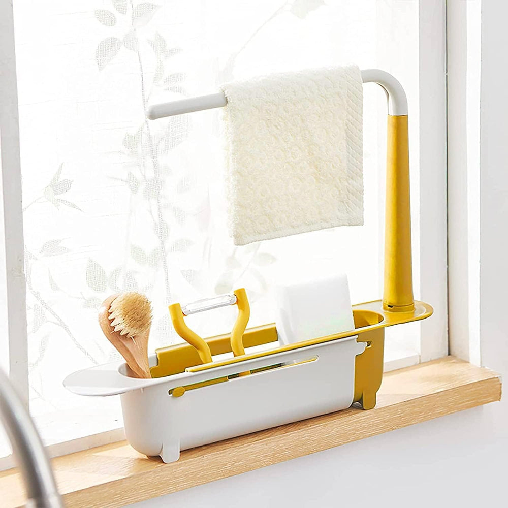 Telescopic Sink Storage Rack,Adjustable Length, Drain Basket Plastic and Sponge Holder with Dishcloth Hanger Expandable Storage Drain Basket