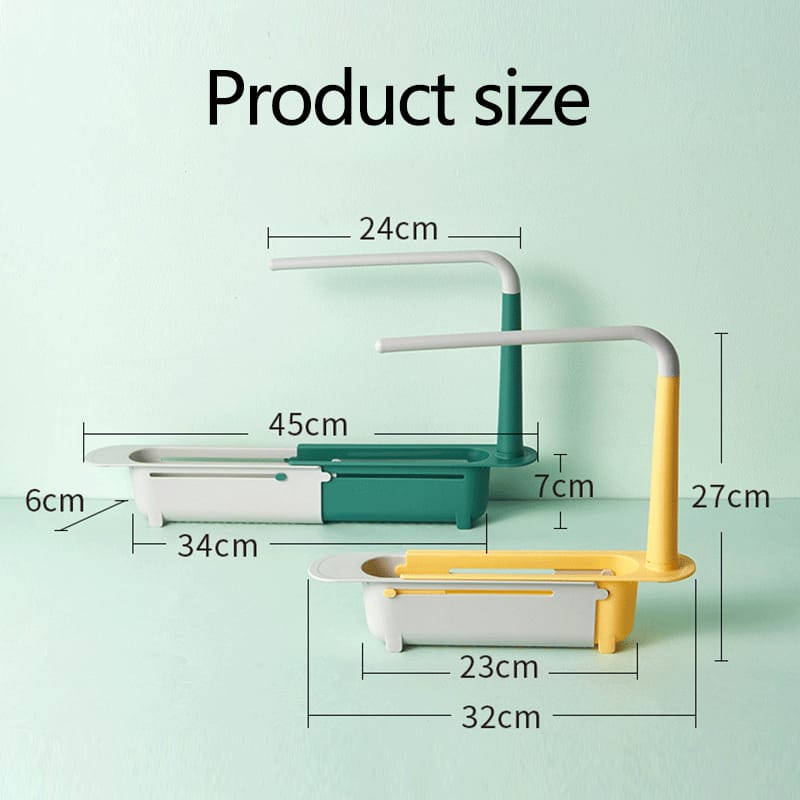 Telescopic Sink Storage Rack,Adjustable Length, Drain Basket Plastic and Sponge Holder with Dishcloth Hanger Expandable Storage Drain Basket