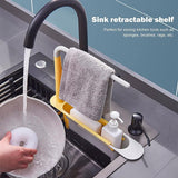 Telescopic Sink Storage Rack,Adjustable Length, Drain Basket Plastic and Sponge Holder with Dishcloth Hanger Expandable Storage Drain Basket