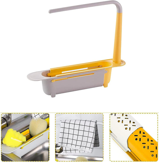 Telescopic Sink Storage Rack,Adjustable Length, Drain Basket Plastic and Sponge Holder with Dishcloth Hanger Expandable Storage Drain Basket