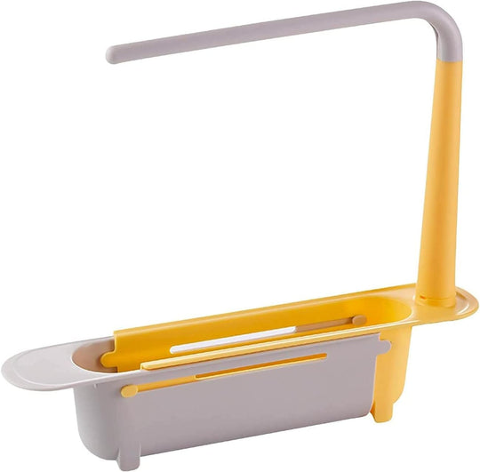 Telescopic Sink Storage Rack,Adjustable Length, Drain Basket Plastic and Sponge Holder with Dishcloth Hanger Expandable Storage Drain Basket