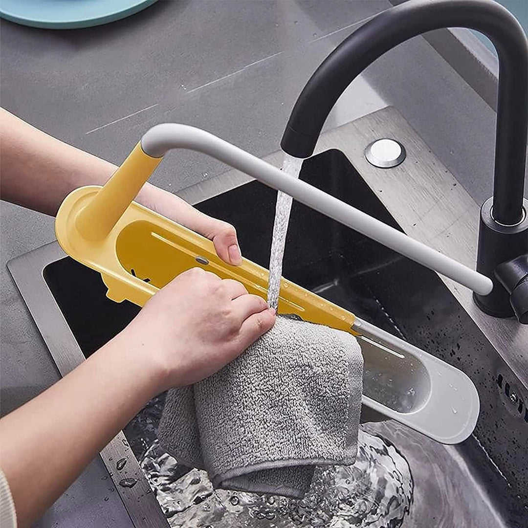 Telescopic Sink Storage Rack,Adjustable Length, Drain Basket Plastic and Sponge Holder with Dishcloth Hanger Expandable Storage Drain Basket