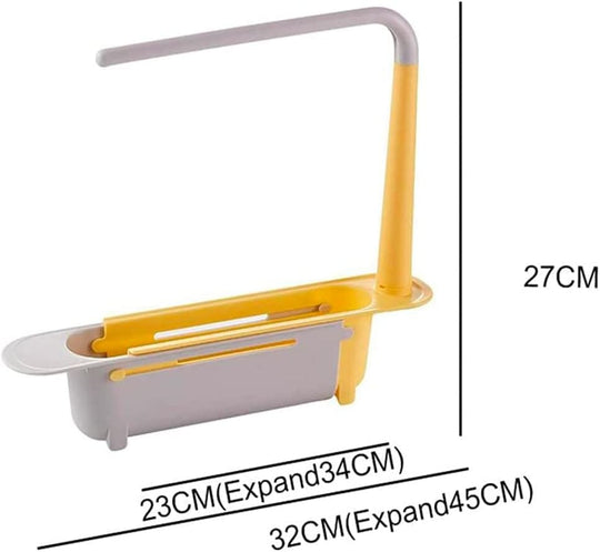 Telescopic Sink Storage Rack,Adjustable Length, Drain Basket Plastic and Sponge Holder with Dishcloth Hanger Expandable Storage Drain Basket