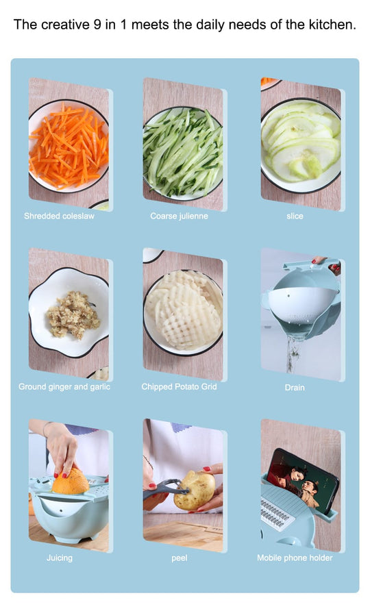 Multifunctional Chopper & 9 in 1 Slicer Vegetable Slicer Drain basket Vegetable Cutter and anual Vegetable Chopper.