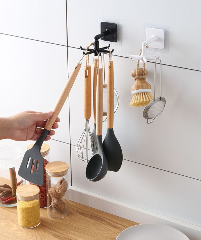 Kitchen Utensil Holder 360 Degrees Rotating Folding Hook Self Adhesive Waterproof Kitchen Hooks for Hanging for Home Bathroom Kitchen Towel-180 Degrees Vertical Flip Hook and self wall mounted storage hangers.