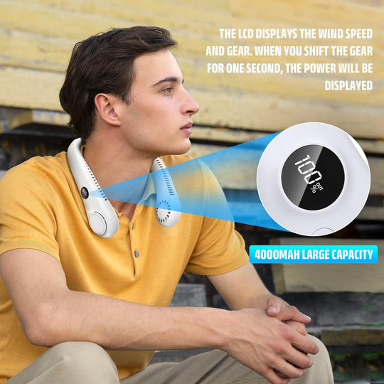 Portable Neck Fan, 360°Cooling Personal Fan, Hands Free Bladeless Fan, No Leaf Rechargeable Headphone Design USB Powered Desktop Fan.