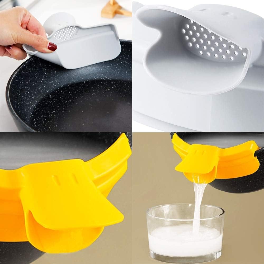 Silicone Food Strainer Hands-Free Pan Strainer, Duckbill Round Edge Funnel for Pasta, Clip-On Kitchen Food Funnel for Spaghetti, Ground Beef Fits All Bowls and Pots.