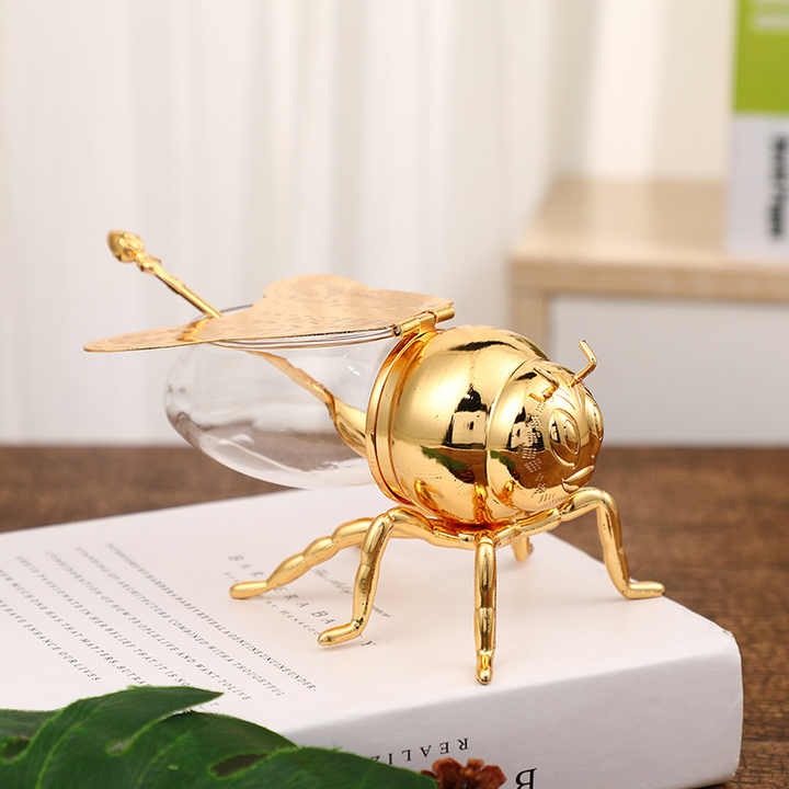 High end Condiment Bee Shaped Glass Honey Pot Blow Glass Bee Figurine Honey Dispenser(Bulk 3 Sets)